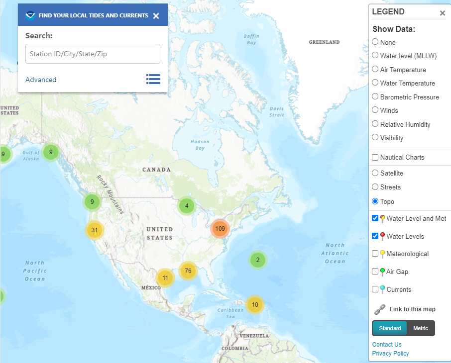 NOAA Tides and Currents map of water level stations