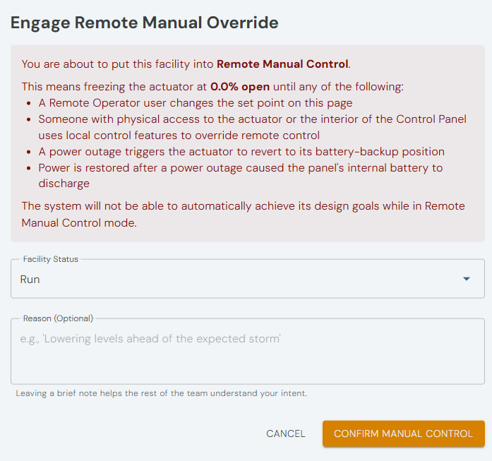 The Confirm Manual Control dialog
