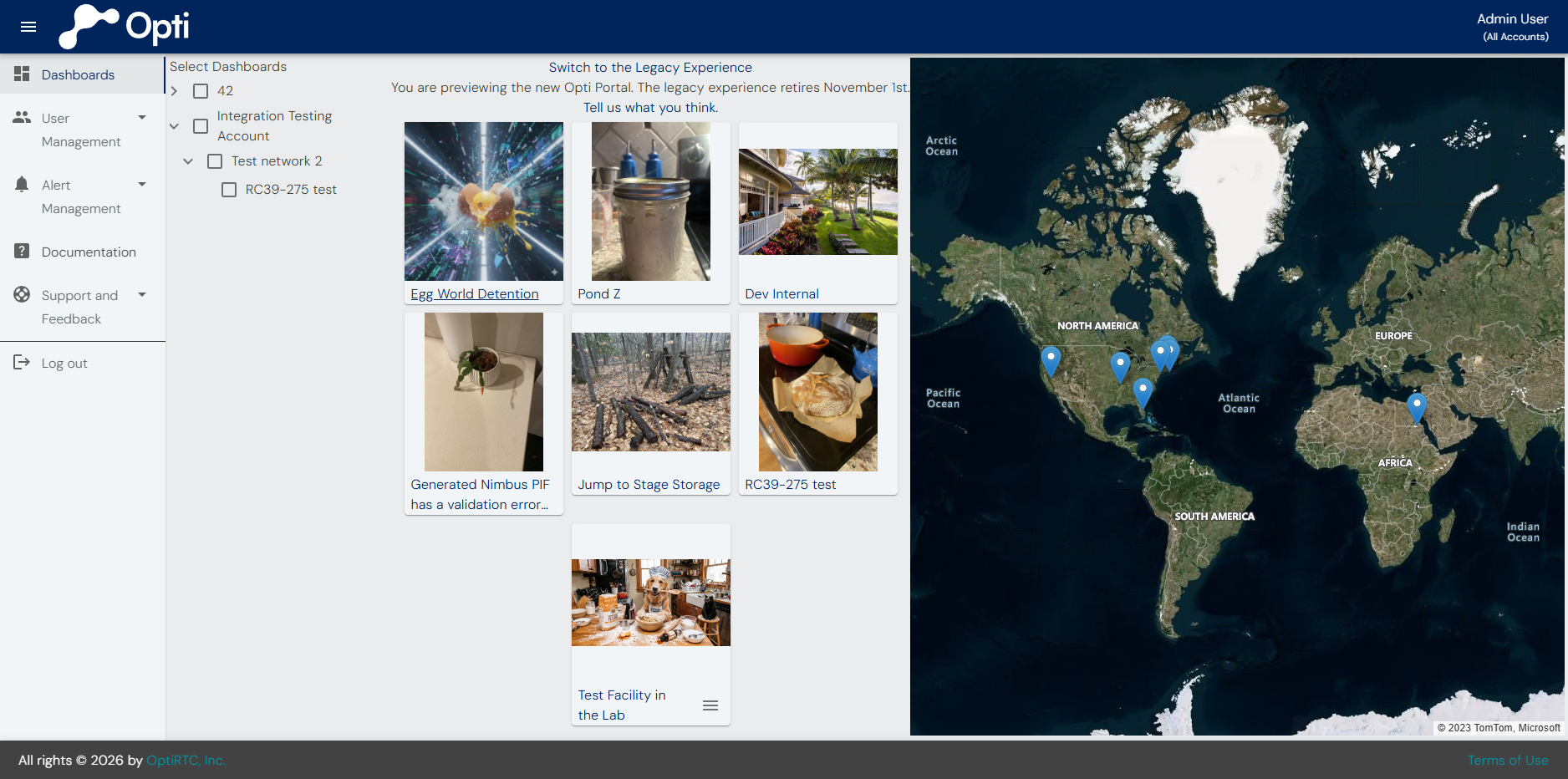 The Dashboards page showing the Select Dashboards panel, thumbnails, and map